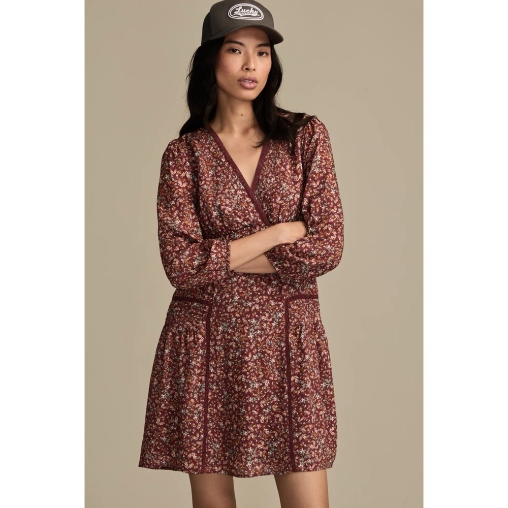 Lucky Brand 3/4 Sleeve V-Neck Mini Dress Brown Ditsy Floral